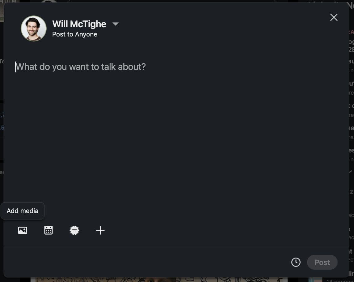 The LinkedIn post editor highlighting the Add media button location at the bottom of the post creation box