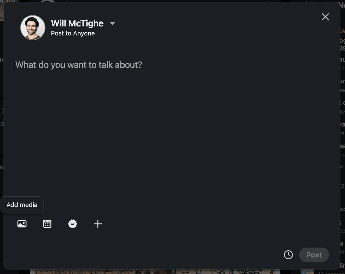 The LinkedIn post editor highlighting the Add media button location at the bottom of the post creation box