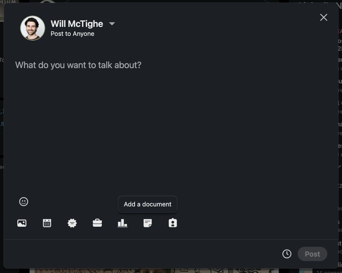 The LinkedIn media options menu displaying various attachment types with the document icon highlighted