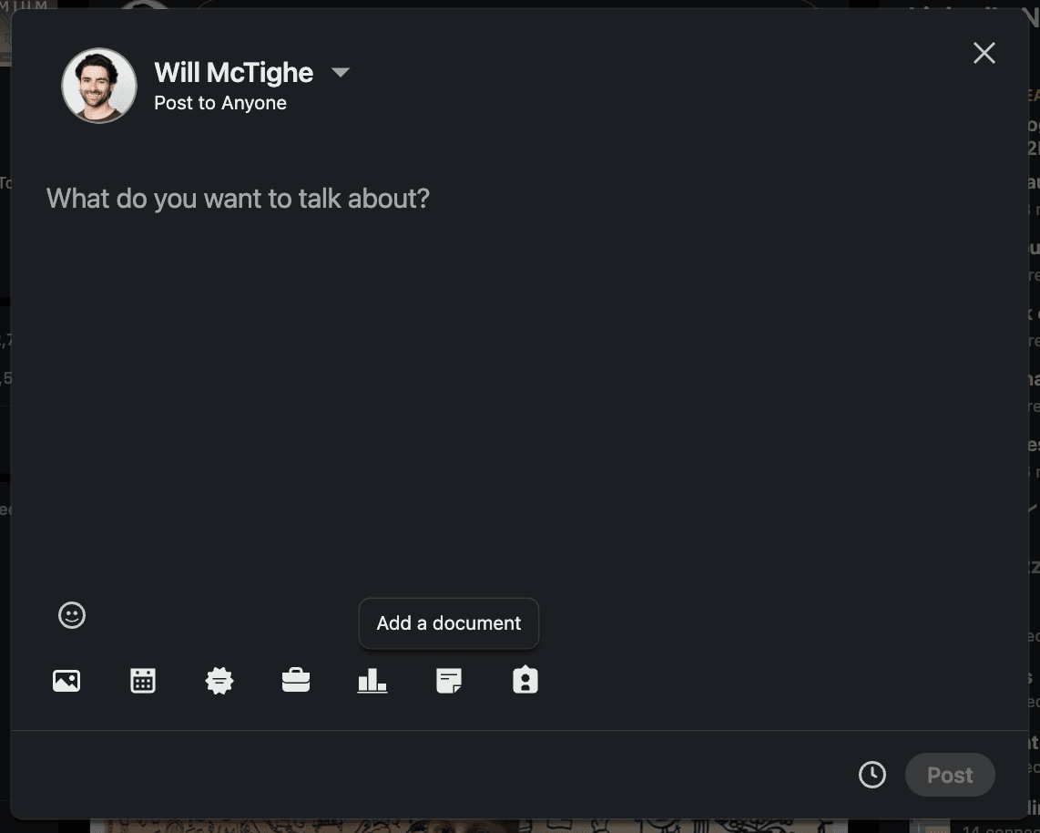 The LinkedIn media options menu displaying various attachment types with the document icon highlighted