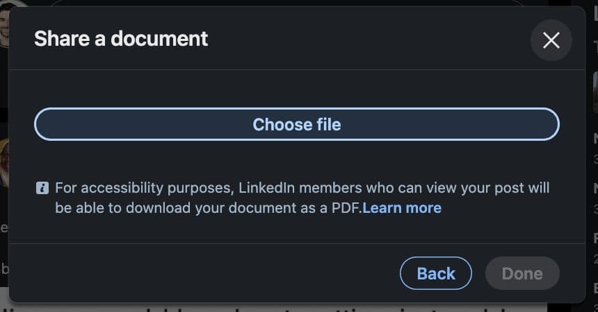 The file browser dialog that appears when selecting a document to upload to LinkedIn