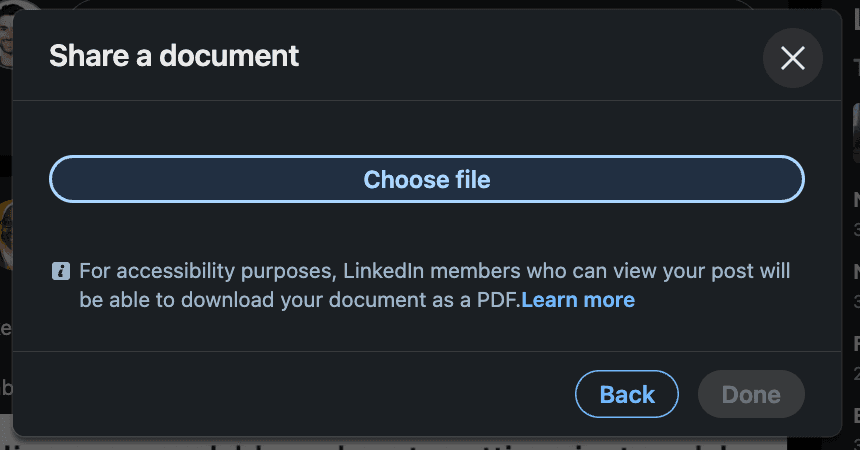 The file browser dialog that appears when selecting a document to upload to LinkedIn