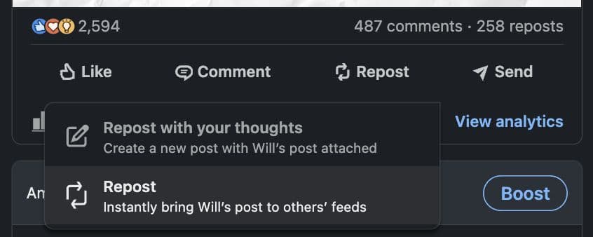 Step-by-step process for direct reposting on LinkedIn