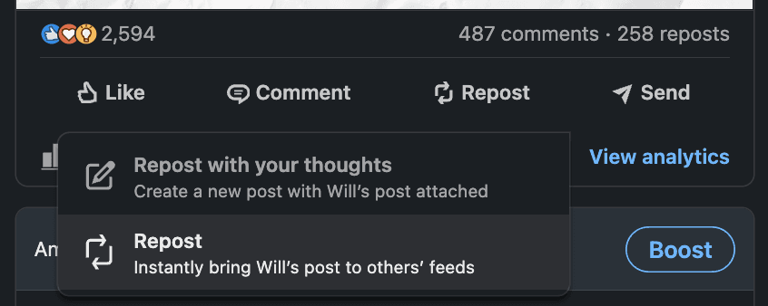 Step-by-step process for direct reposting on LinkedIn
