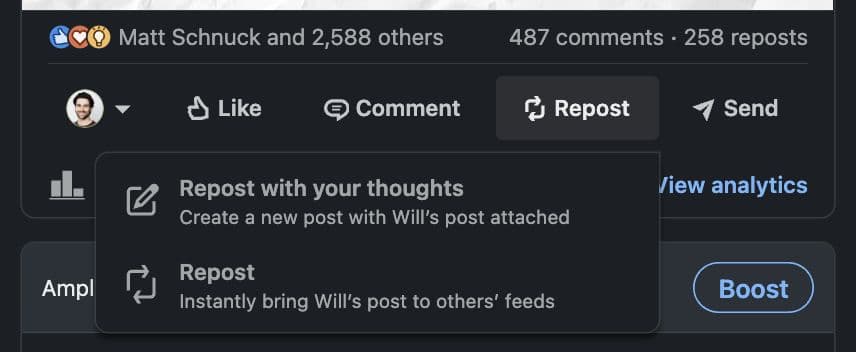 LinkedIn's repost options showing both direct repost and repost with thoughts