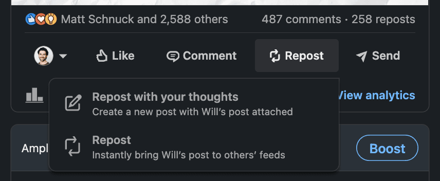 LinkedIn's repost options showing both direct repost and repost with thoughts
