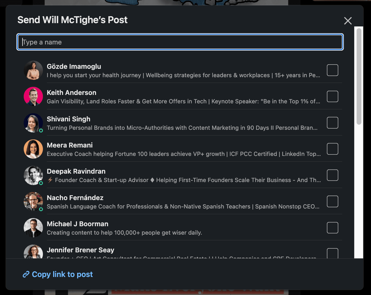 Choose specific connections or groups to share the post with