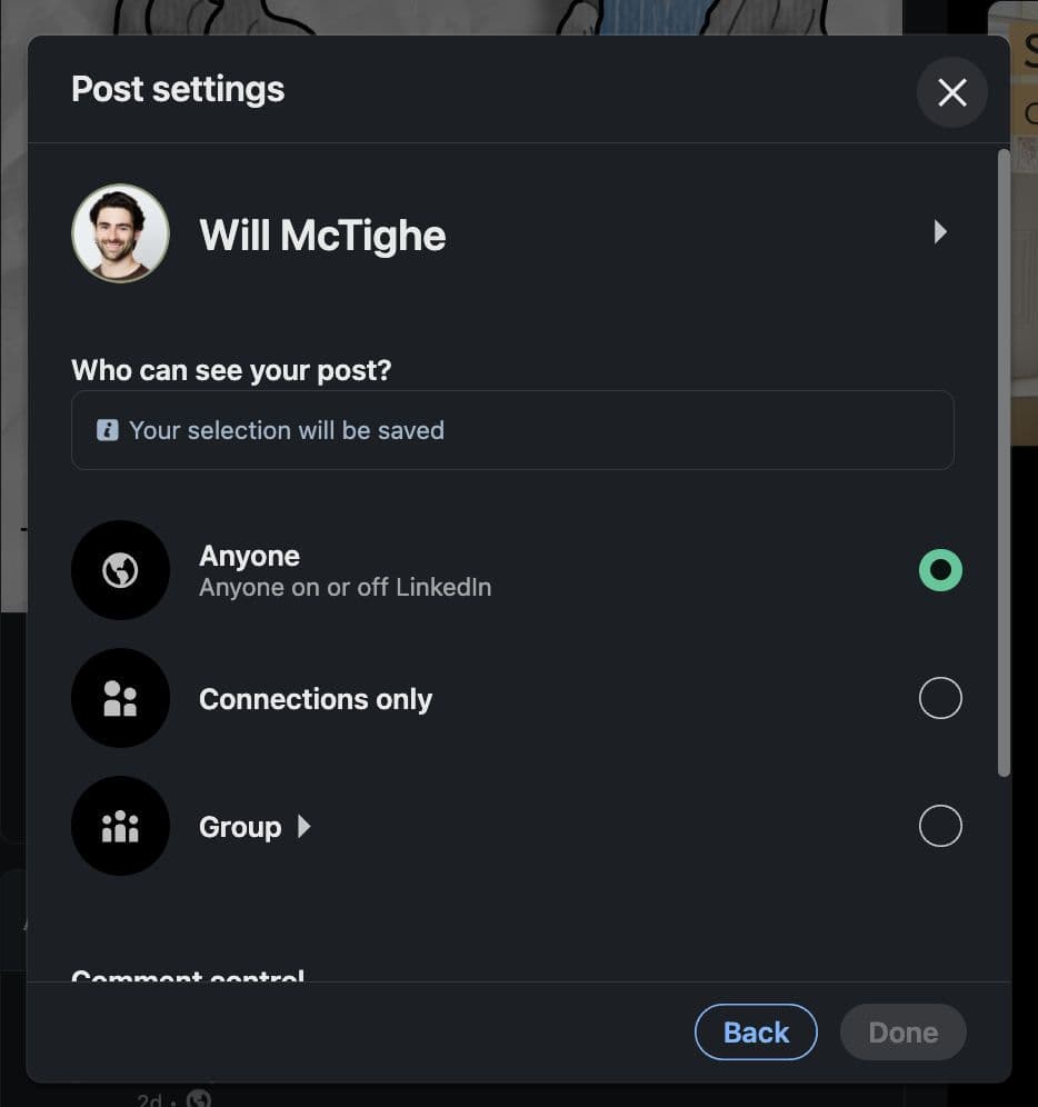 Screenshot of LinkedIn's post visibility options showing 'Anyone' and 'Connections only' settings