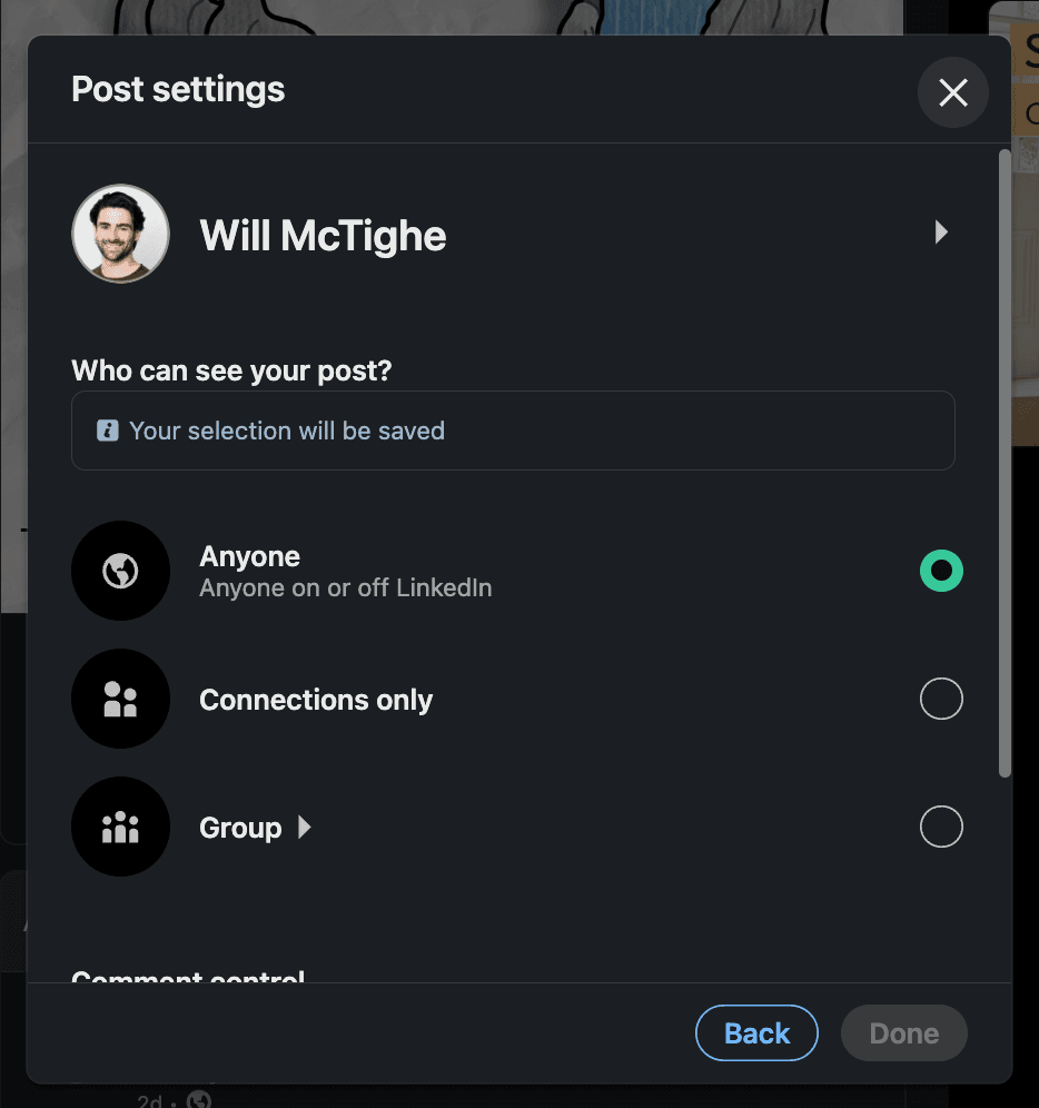 Screenshot of LinkedIn's post visibility options showing 'Anyone' and 'Connections only' settings