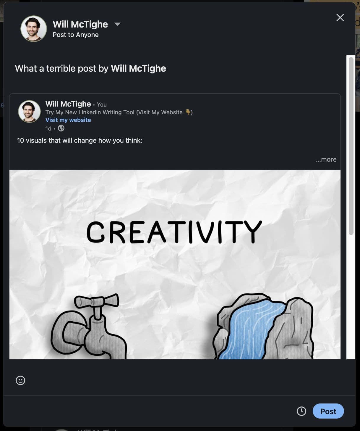 Interface for adding your thoughts to a LinkedIn repost