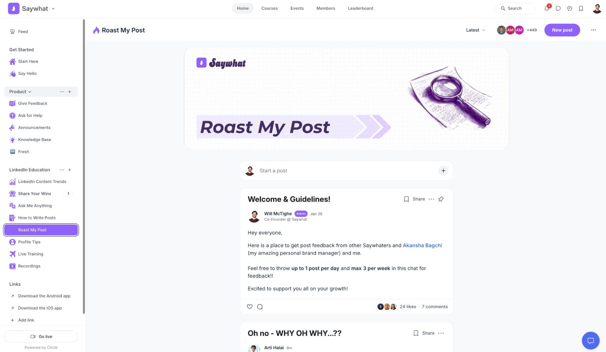 Screenshot of the Saywhat community where creators can get feedback on their content's performance from more experienced creators to help them go viral and grow faster on LinkedIn