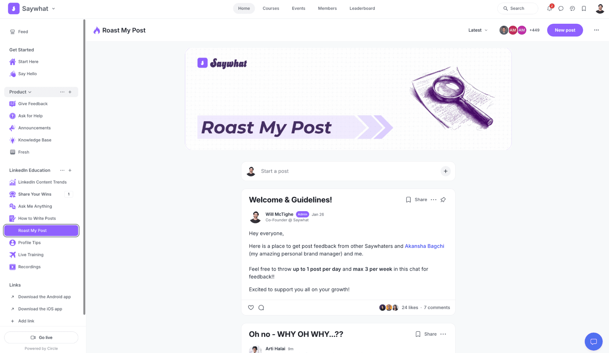 Screenshot of the Saywhat community where creators can get feedback on their content's performance from more experienced creators to help them go viral and grow faster on LinkedIn