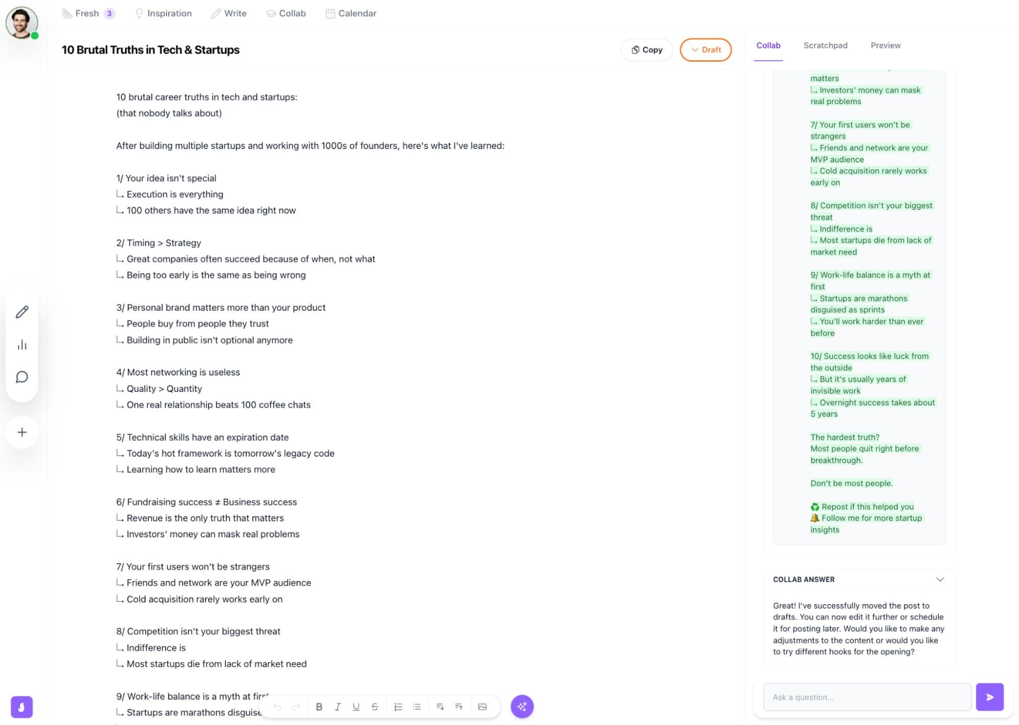 Saywhat's content creation interface showing '10 Brutal Truths in Tech & Startups' post - an example of how to grow on LinkedIn with structured, authentic content that maintains your voice