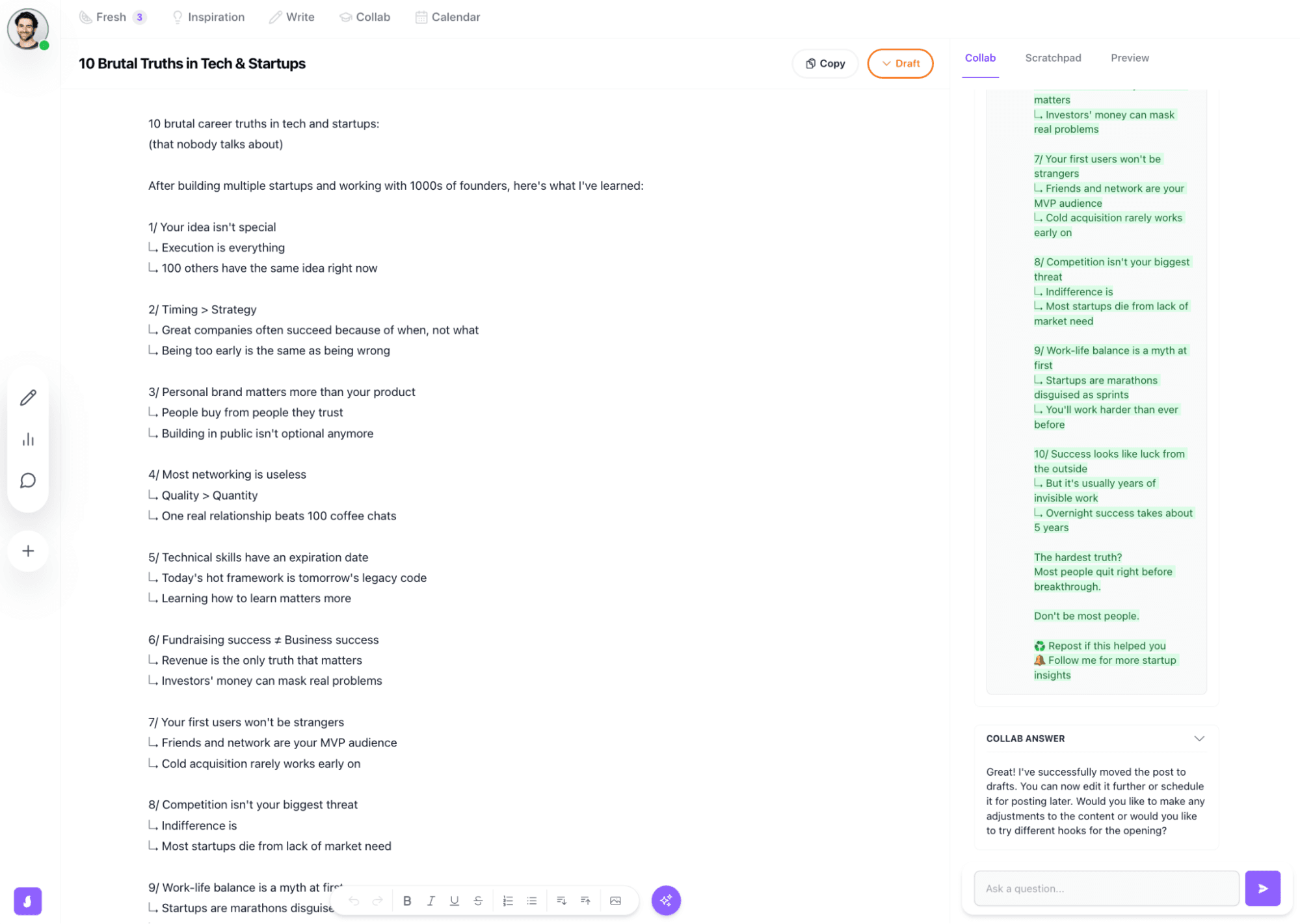 Saywhat's content creation interface showing '10 Brutal Truths in Tech & Startups' post - an example of how to grow on LinkedIn with structured, authentic content that maintains your voice