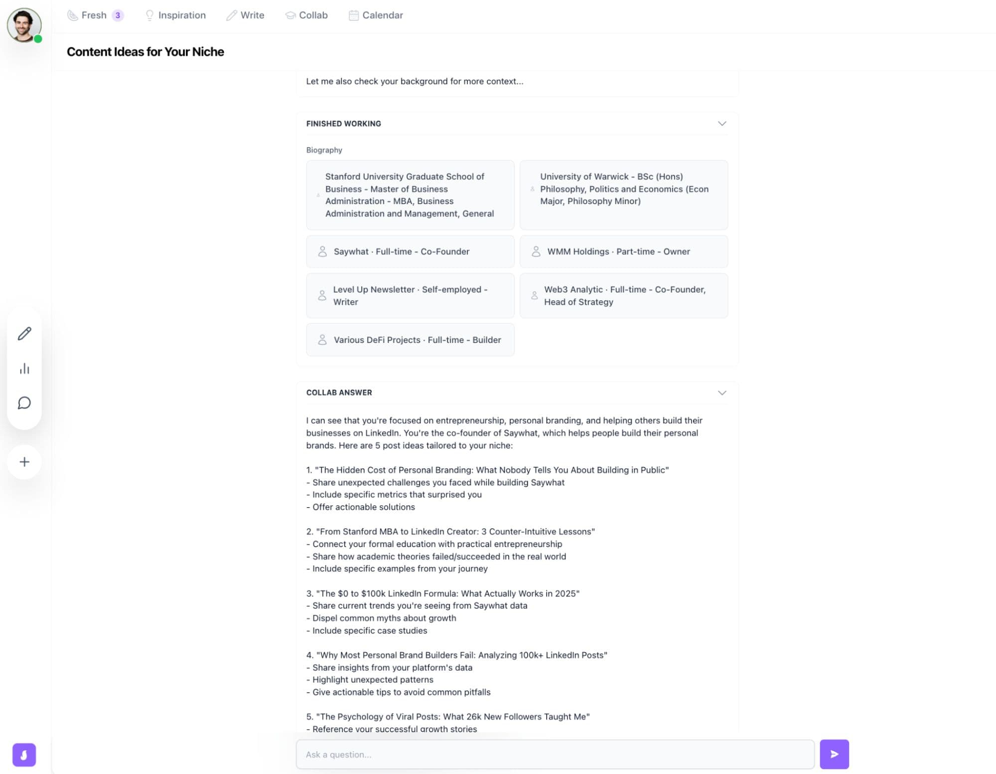 Saywhat's Collab AI assistant analyzing user background to generate personalized content ideas - superior to Taplio for how to grow on LinkedIn with content that matches your authentic voice
