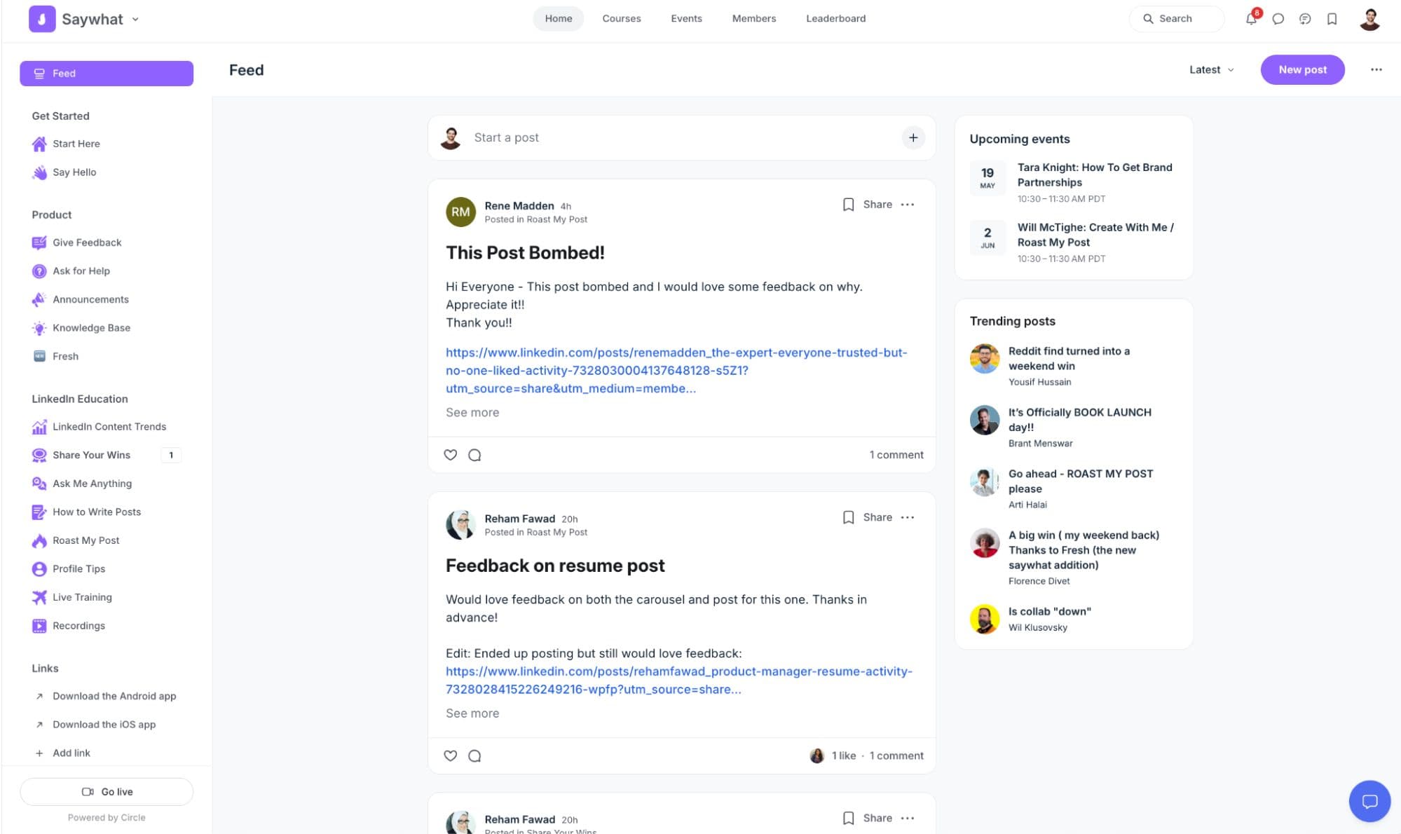 Saywhat community platform showing the 'Roast My Posts' feedback feature - a key advantage over Taplio for how to grow on LinkedIn with expert guidance and peer support