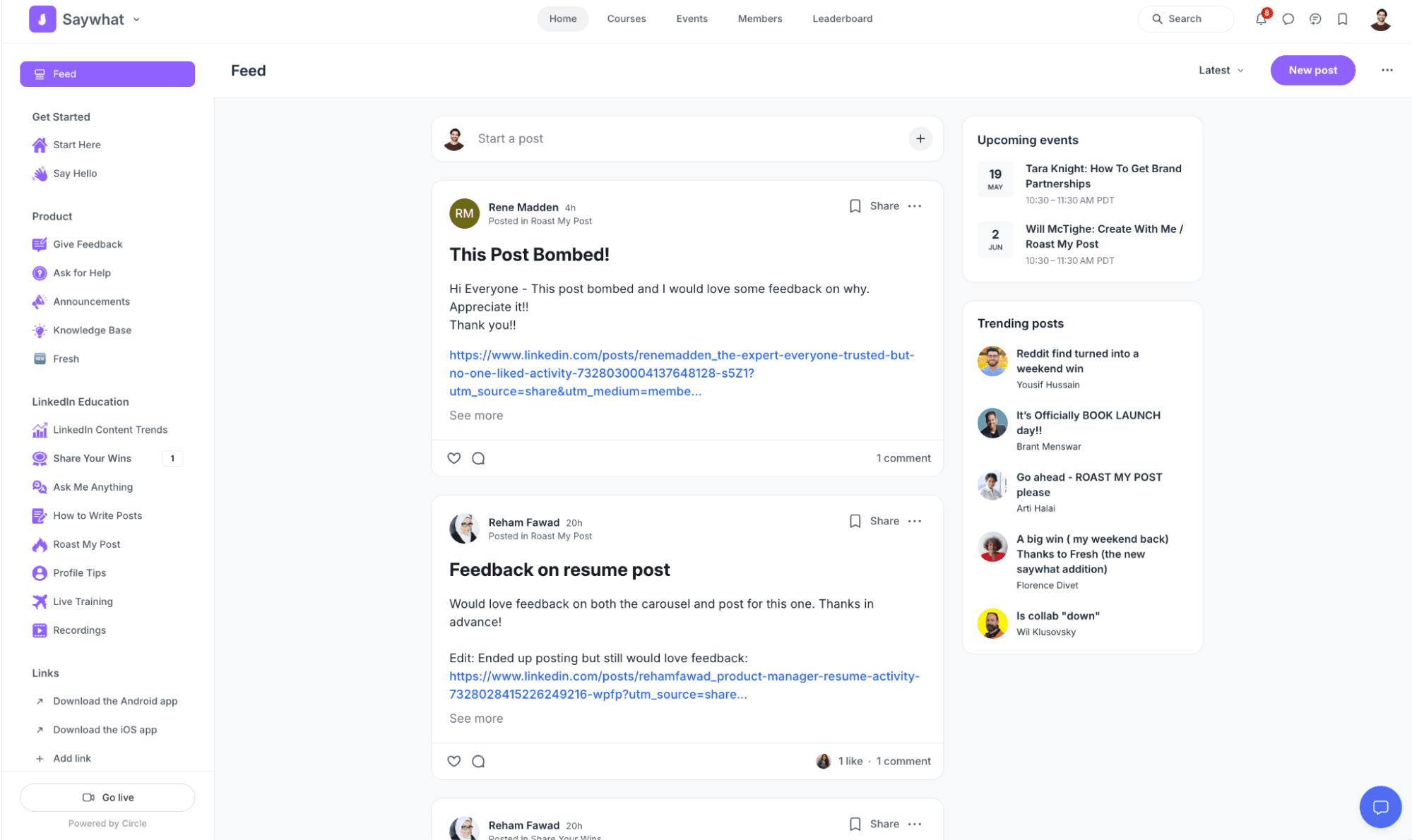 Saywhat community platform showing the 'Roast My Posts' feedback feature - a key advantage over Taplio for how to grow on LinkedIn with expert guidance and peer support