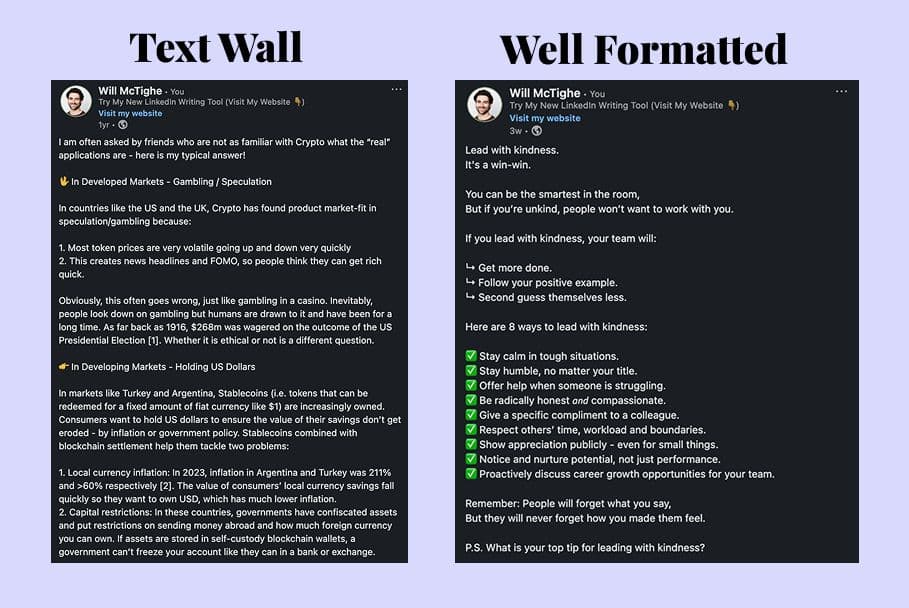 Comparison of two LinkedIn posts - a text wall vs well-formatted post showing how formatting affects impressions