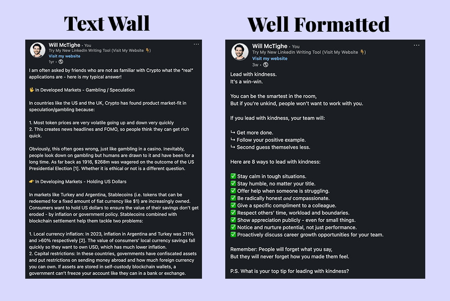 Comparison of two LinkedIn posts - a text wall vs well-formatted post showing how formatting affects impressions