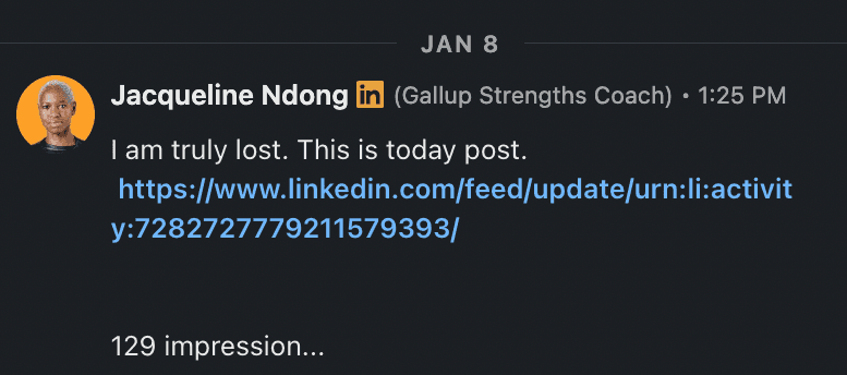 LinkedIn message from January 8th showing low engagement