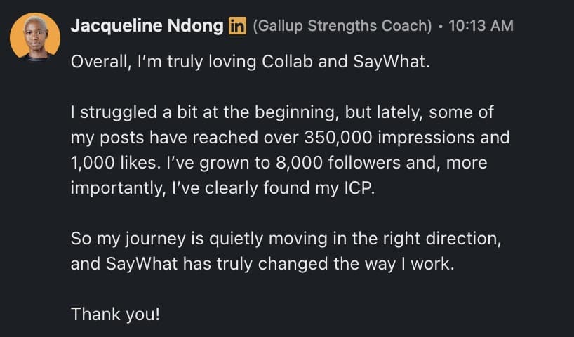 LinkedIn message from May 29th showing massive growth results