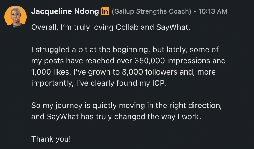 LinkedIn message from May 29th showing massive growth results