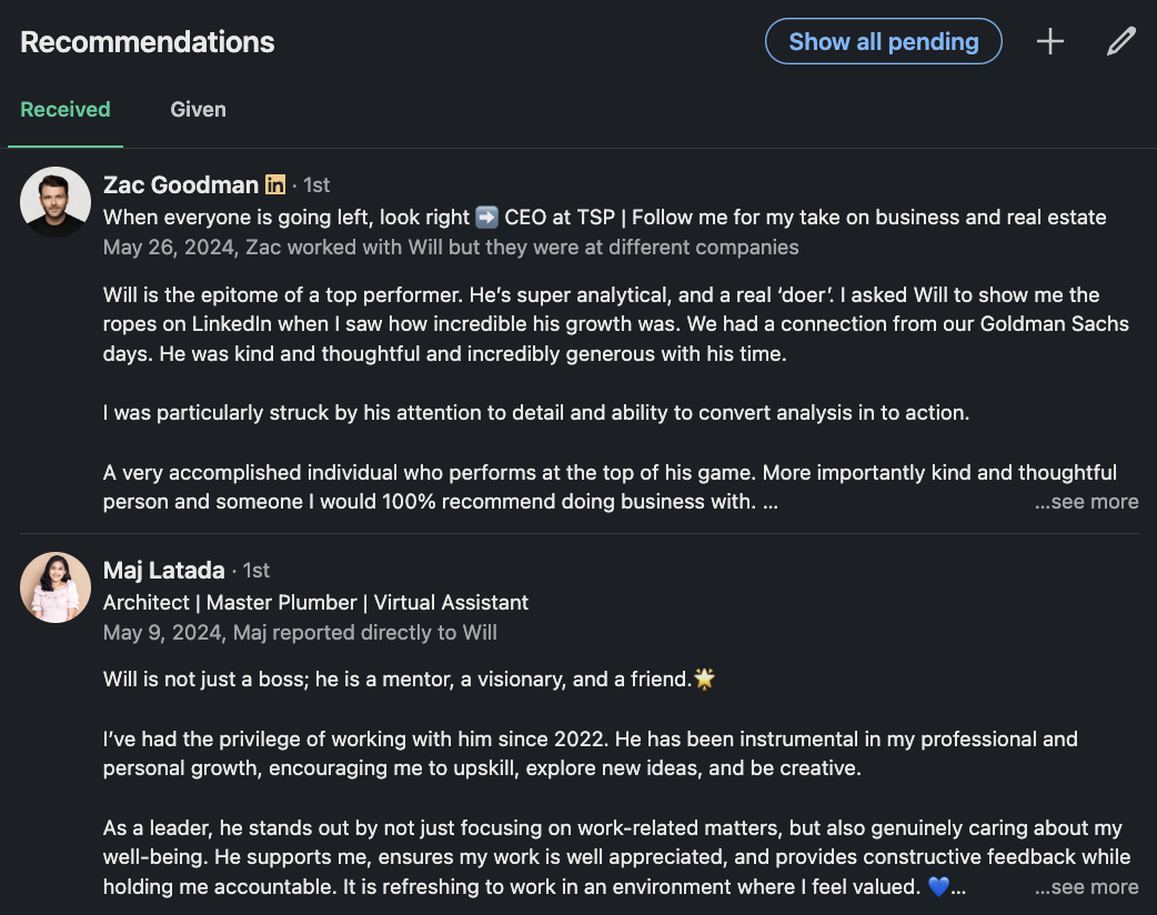 Will's LinkedIn Recommendations